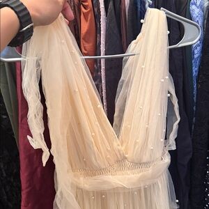 Fashion Nova Cream Backless Dress with Pearl Details